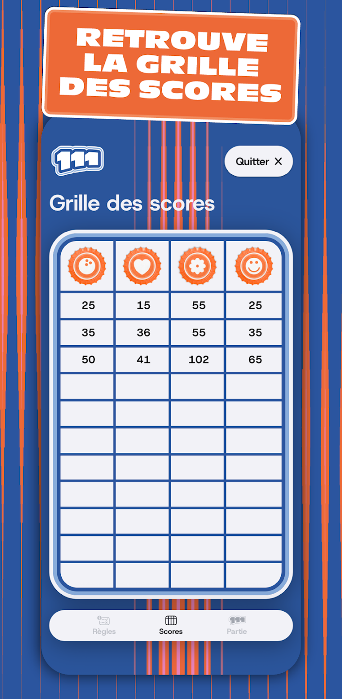 L'application mobile Le 111 sur iOS et Android, qui permet de compter les points de la partie, analyser les statistiques et conserver les hitsoriques de chaque partie du jeu de sociét Le 111