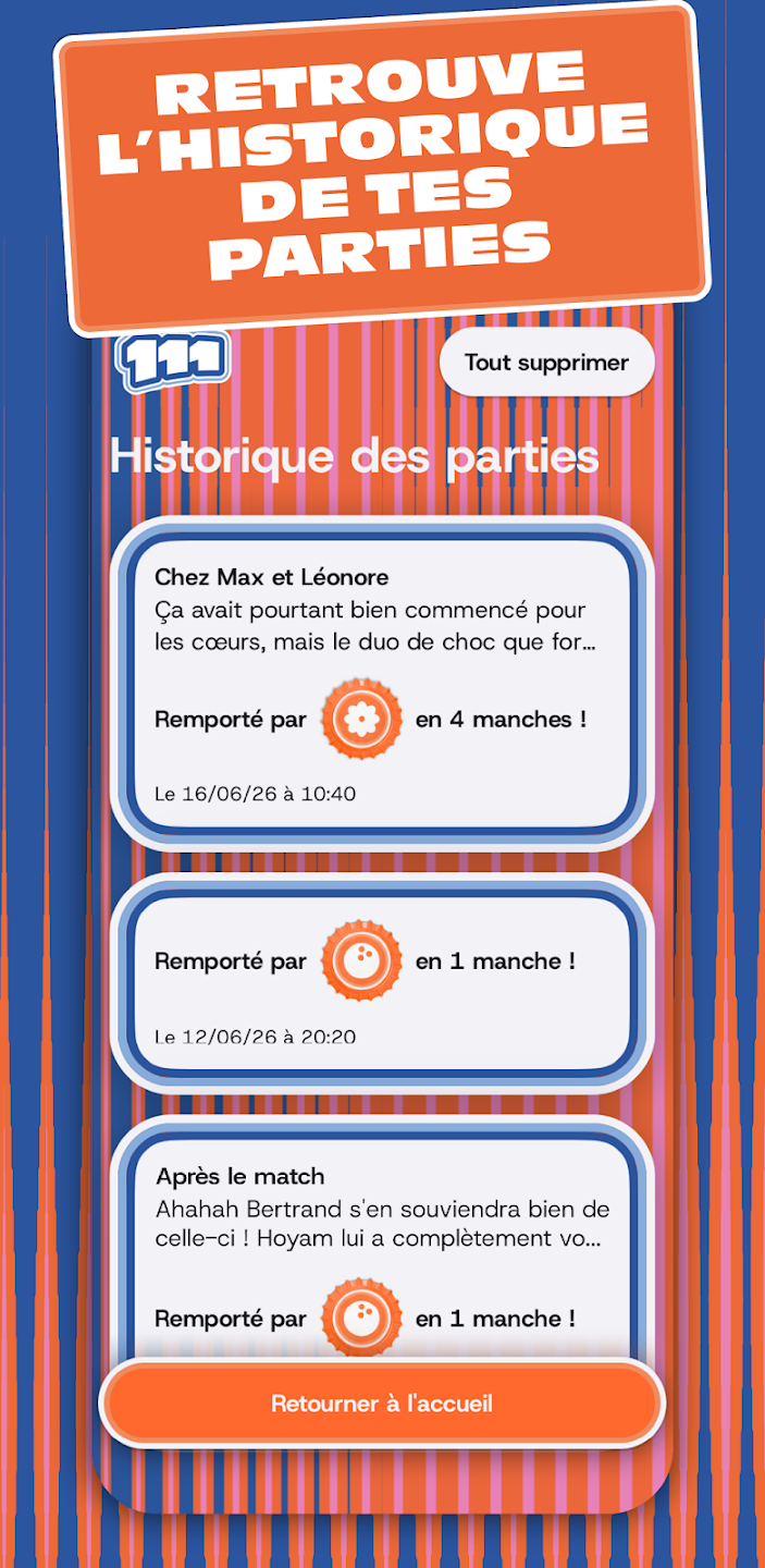 L'application mobile Le 111 sur iOS et Android, qui permet de compter les points de la partie, analyser les statistiques et conserver les hitsoriques de chaque partie du jeu de sociét Le 111