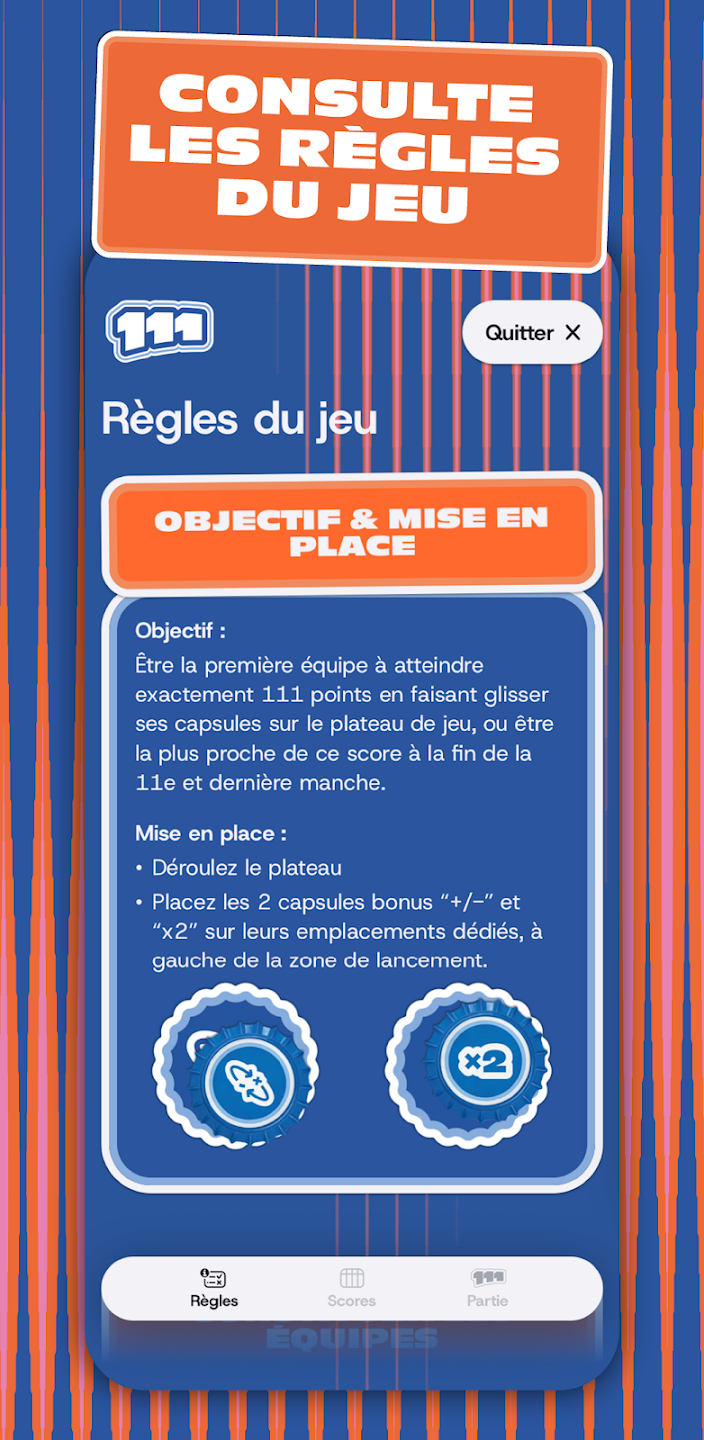 L'application mobile Le 111 sur iOS et Android, qui permet de compter les points de la partie, analyser les statistiques et conserver les hitsoriques de chaque partie du jeu de sociét Le 111