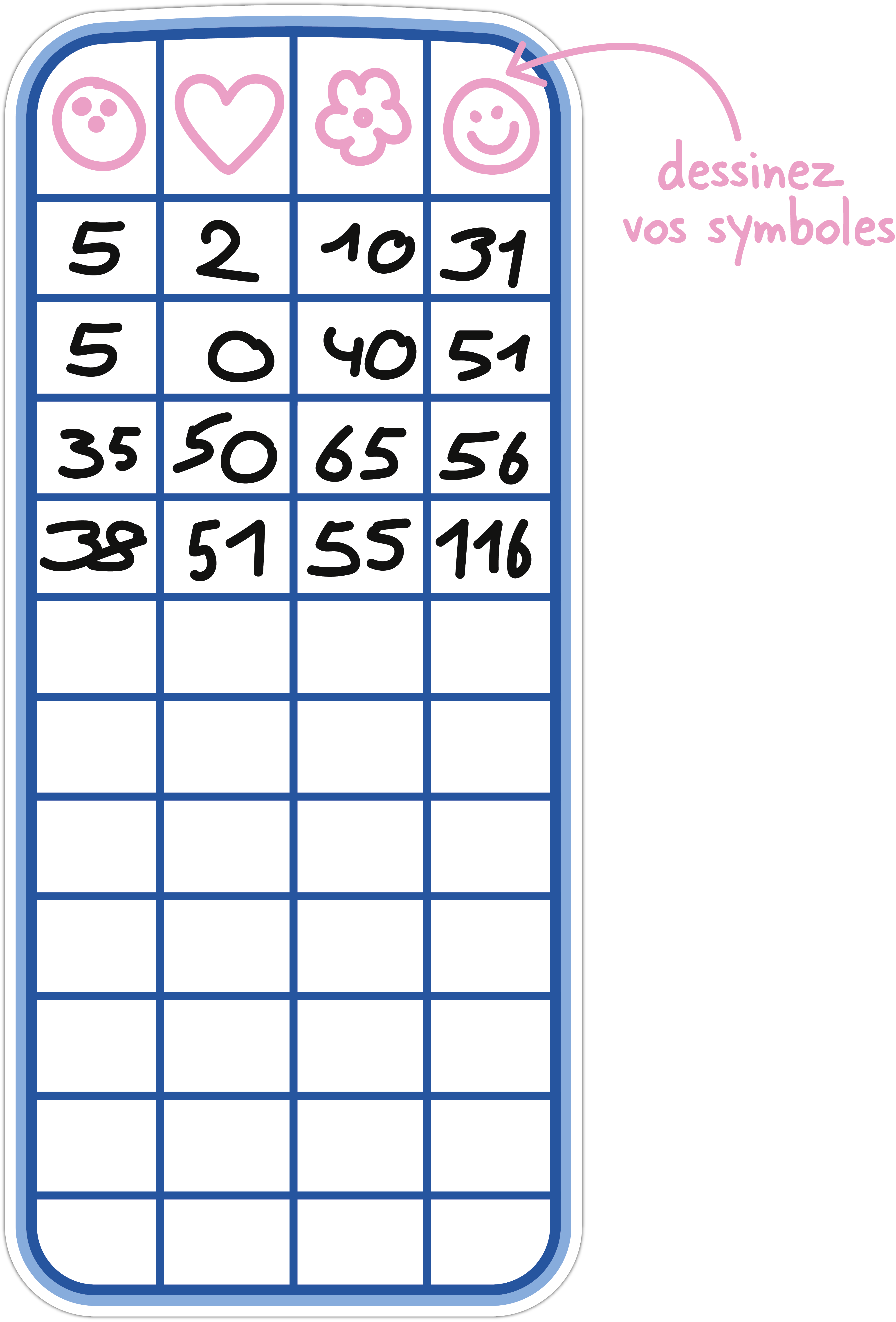 Une grille de score du jeu de société Le 111 avec les symboles d'équipes Smiley Fleur Coeur et Bowling
