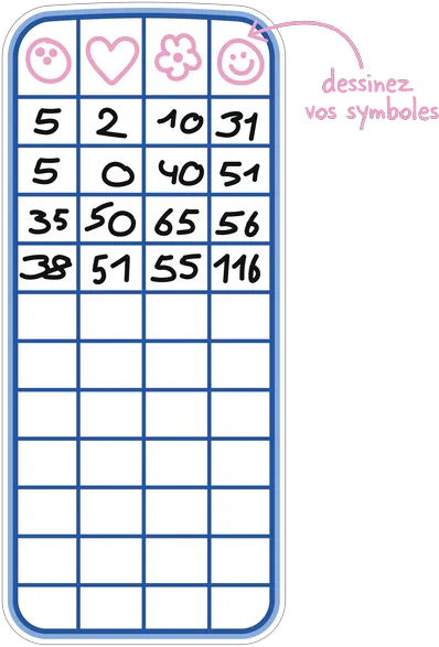 Une grille de score du jeu de société Le 111 avec les symboles d'équipes Smiley Fleur Coeur et Bowling